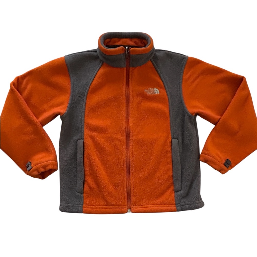 The North Face Boys Youth Small Fleece Full Zip Down Coat Orange & Grey GUC